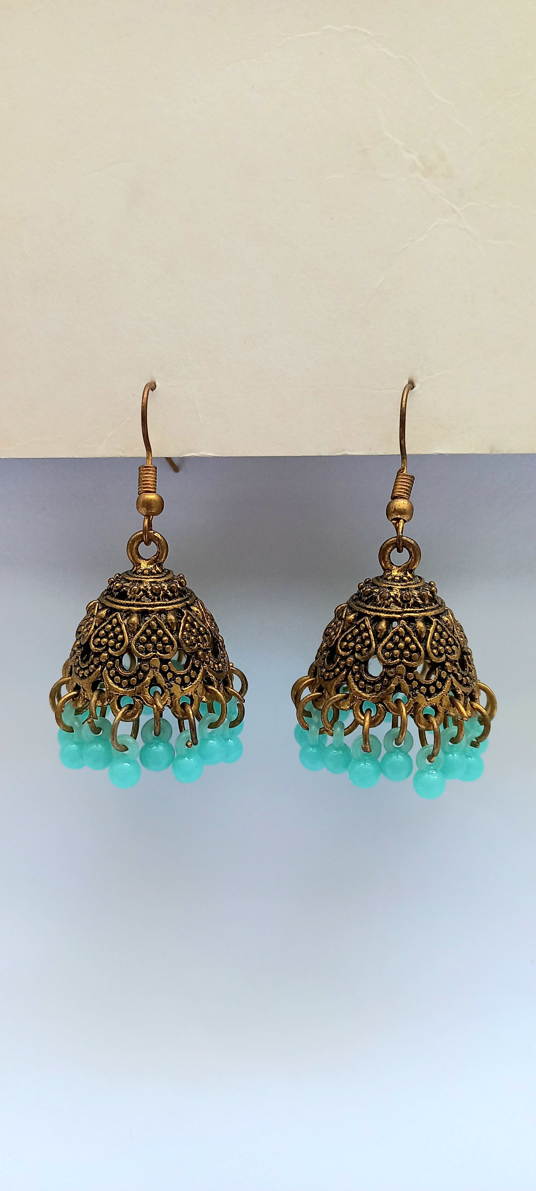 Oxidized Jhumka With Sky-Blue Beads