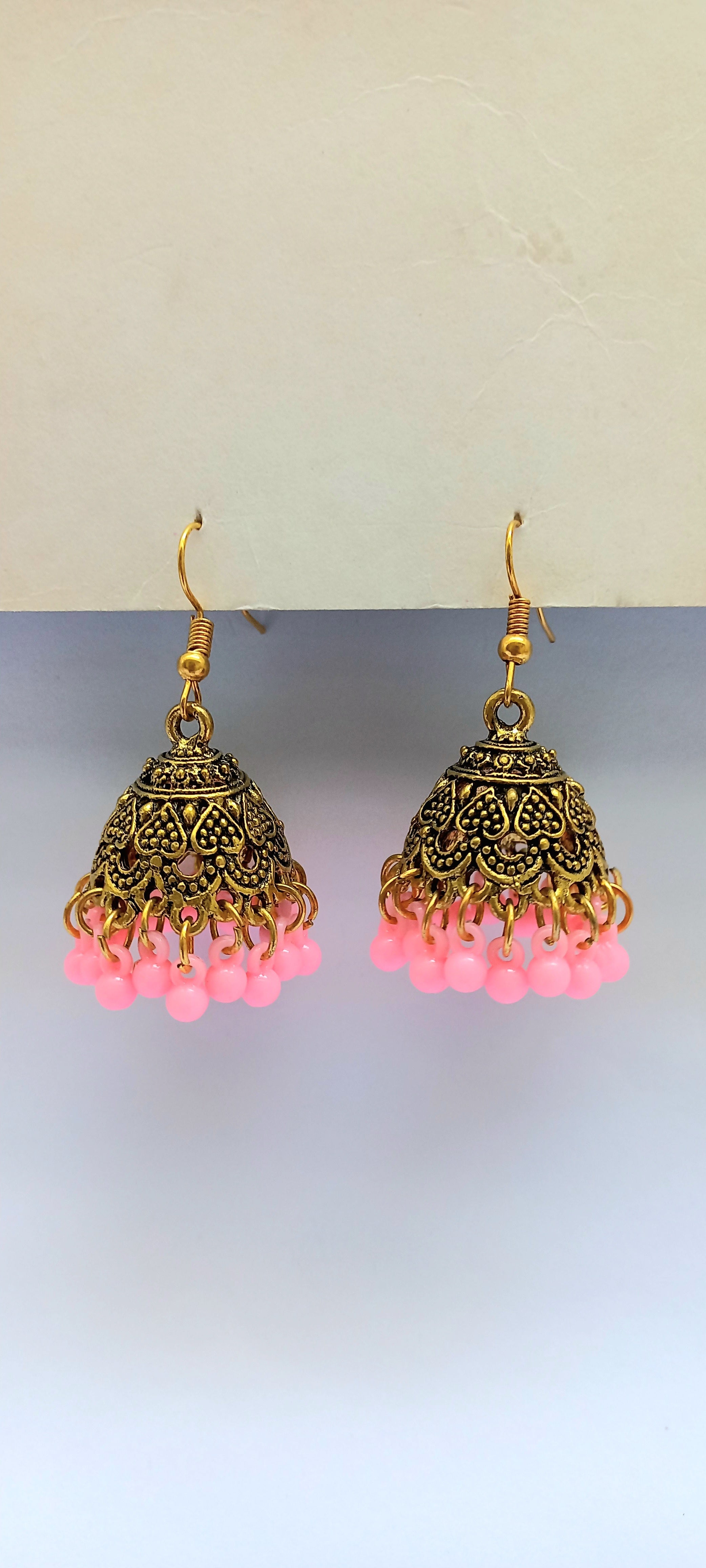 Oxidized Jhumka With Baby-Pink Beads