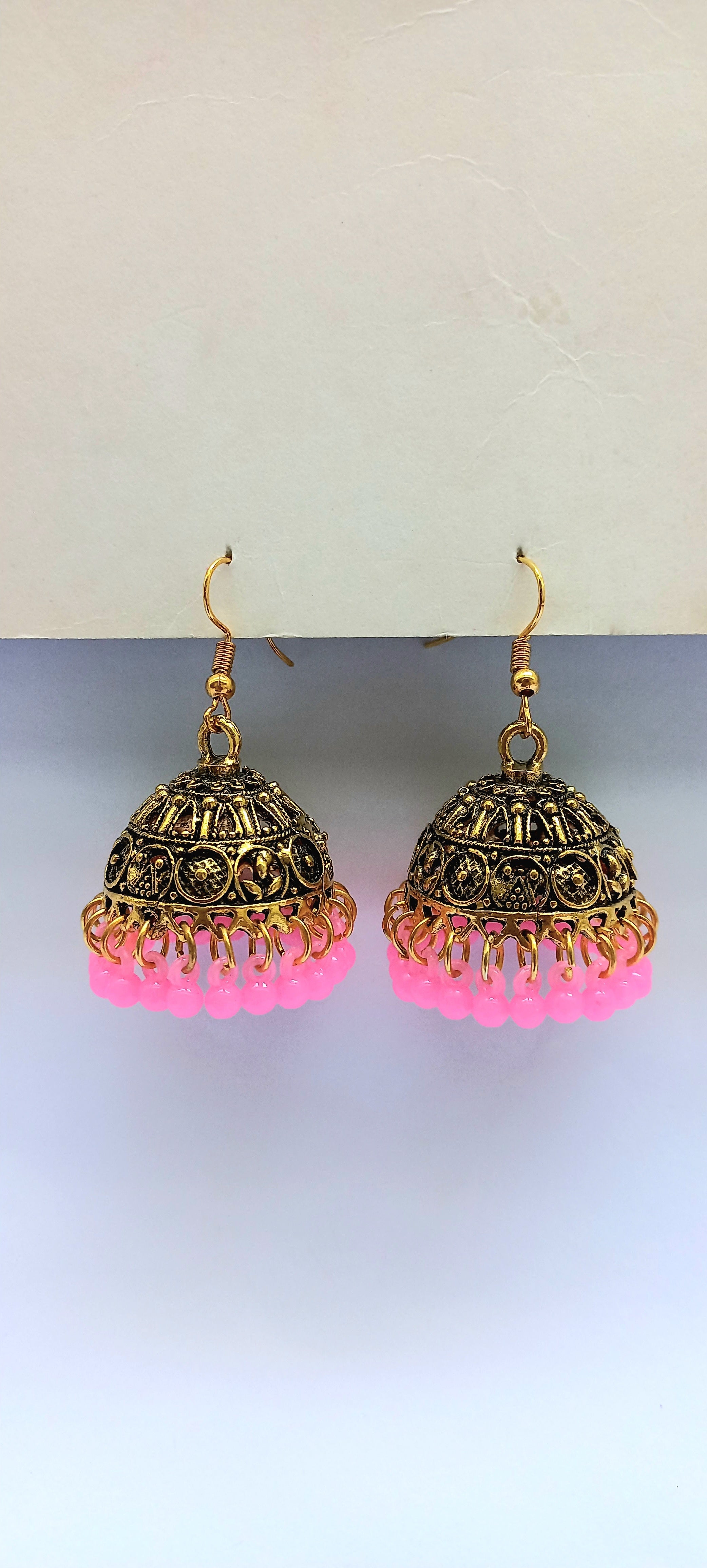 Oxidized Jhumka with Bright Pink Beads