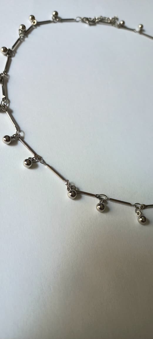 Silver Ball Dangle Necklace. Vintage Brass Bar Chain