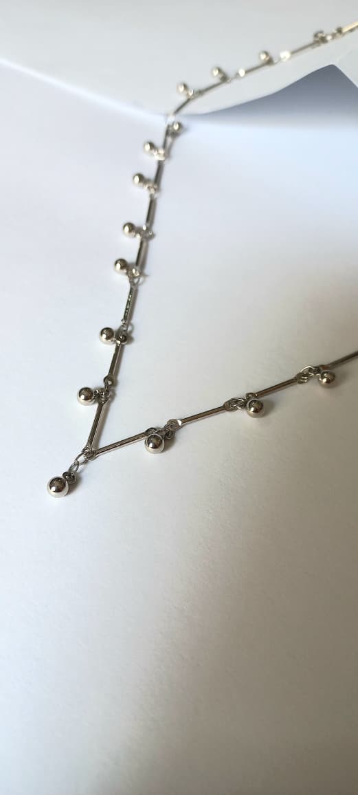 Silver Ball Dangle Necklace. Vintage Brass Bar Chain